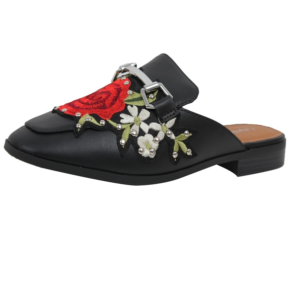 Black Rose Embroidery Backless Slip On Loafer Mule - Picture 4 of 6